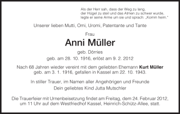 Todesanzeige von Kurt Müller von HNA