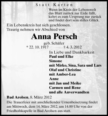 Todesanzeige von Anna Persch von HNA