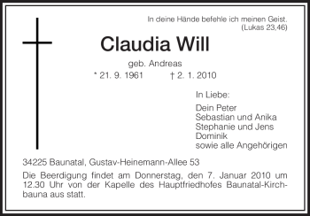 Todesanzeige von Claudia Will von HNA