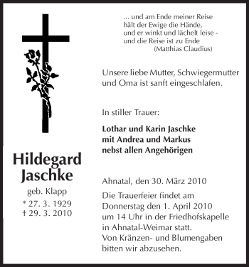 Todesanzeige von Hildegard Jaschke von HNA