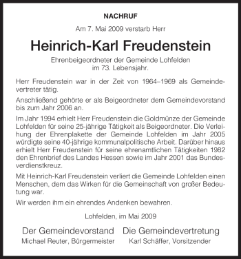 Todesanzeige von Heinrich-Karl Freudenstein von HNA