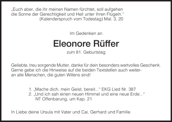 Todesanzeige von Eleonore Rüffer von HNA