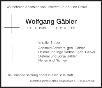 Todesanzeige von Wolfgang Gäbler von HNA