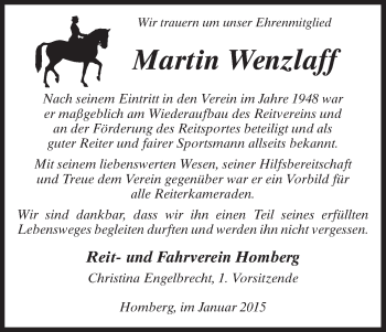 Todesanzeige von Martin Wenzlaff von HNA