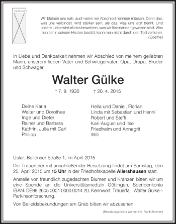 Todesanzeige von Walter Gülke von HNA