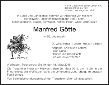 Todesanzeige von Manfred Götte von HNA