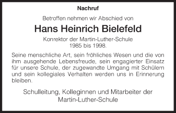 Todesanzeige von Hans Heinrich Bielefeld von HNA