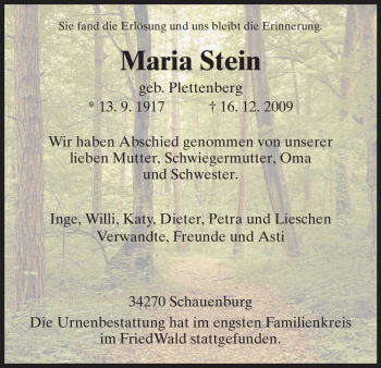 Todesanzeige von Maria Stein von HNA