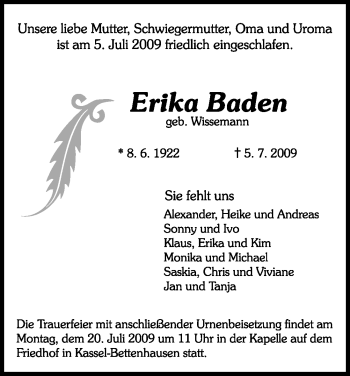 Todesanzeige von Erika Baden von HNA