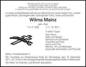 Todesanzeige von Wilma Mainz von HNA