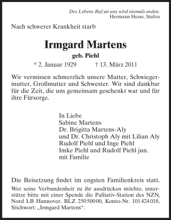 Todesanzeige von Irmgard Martens von HNA