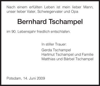Todesanzeige von Bernhard Tschampel von HNA