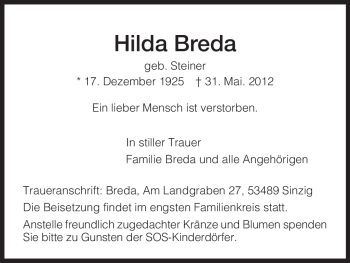 Todesanzeige von Hilda Breda von HNA