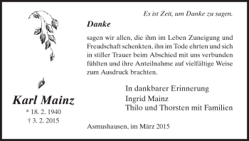 Todesanzeige von Karl Mainz von HNA