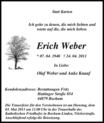 Todesanzeige von Erich Weber von HNA