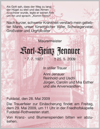Todesanzeige von Karl-Heinz Jenauer von HNA