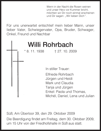Todesanzeige von Willi Rohrbach von HNA
