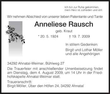 Todesanzeige von Anneliese Rausch von HNA