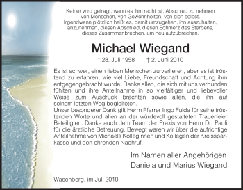 Todesanzeige von Michael Wiegand von HNA