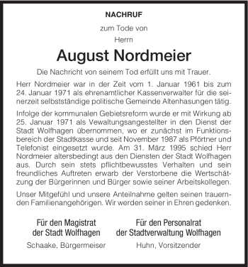 Todesanzeige von August Nordmeier von HNA