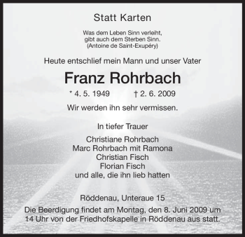 Todesanzeige von Franz Rohrbach von HNA