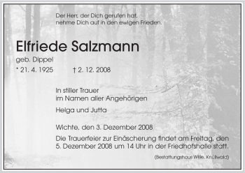 Todesanzeige von Elfriede Salzmann von HNA