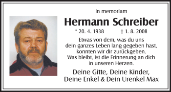 Todesanzeige von Hermann Schreiber von HNA