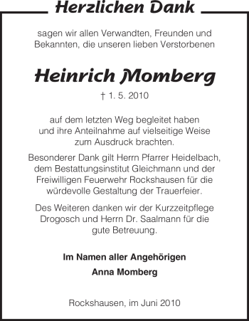 Todesanzeige von Heinrich Momberg von HNA