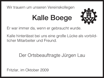 Todesanzeige von Kalle Boege von HNA