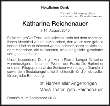 Todesanzeige von Katharina Reichenauer von HNA