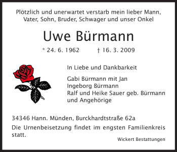 Todesanzeige von Uwe Bürmann von HNA