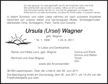 Todesanzeige von Ursula Wagner von HNA