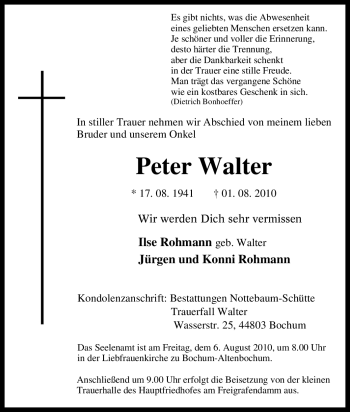 Todesanzeige von Peter Walter von HNA