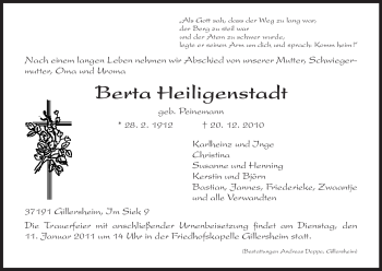 Todesanzeige von Berta Heiligenstadt von HNA