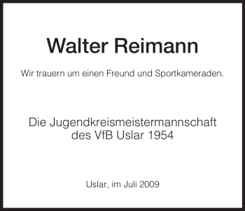 Todesanzeige von Walter Reimann von HNA