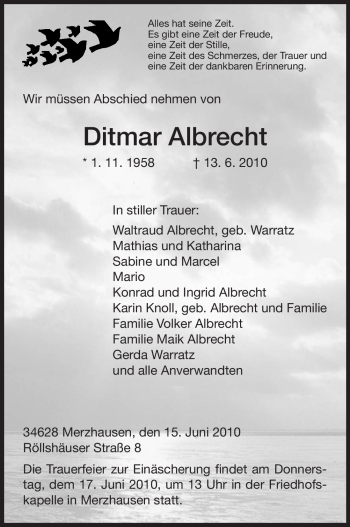 Todesanzeige von Ditmar Albrecht von HNA