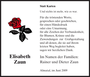 Todesanzeige von Elisabeth Zaun von HNA