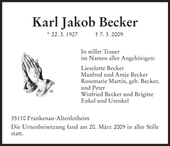 Todesanzeige von Karl Jakob Becker von HNA