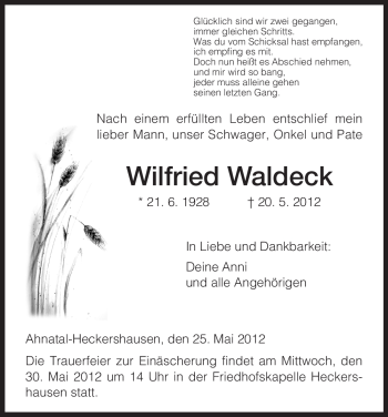Todesanzeige von Wilfried Waldeck von HNA