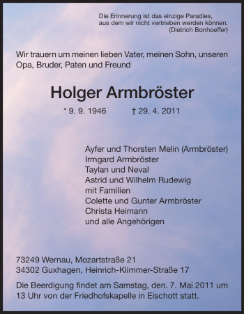 Todesanzeige von Holger Armbröster von HNA