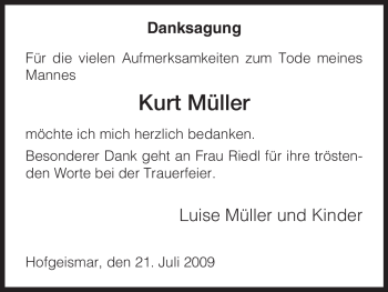 Todesanzeige von Kurt Müller von HNA