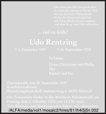 Todesanzeige von Udo Rentzing von HNA