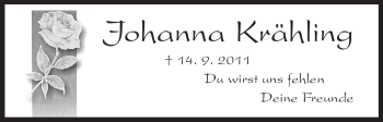 Todesanzeige von Johanna Krähling von HNA