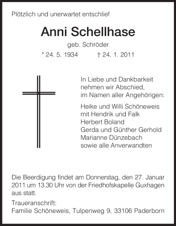 Todesanzeige von Anni Schellhase von HNA