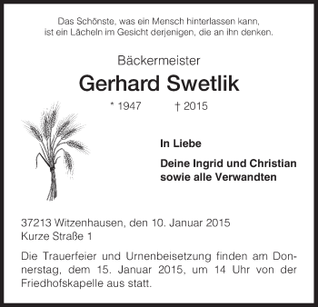 Todesanzeige von Gerhard Swetlik von HNA