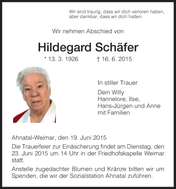 Todesanzeige von Hildegard Schäfer von HNA