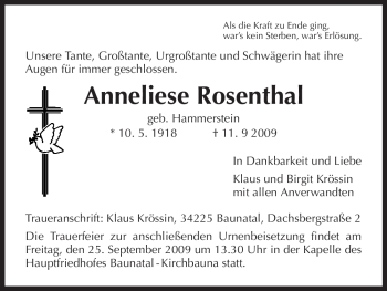 Todesanzeige von Anneliese Rosenthal von HNA
