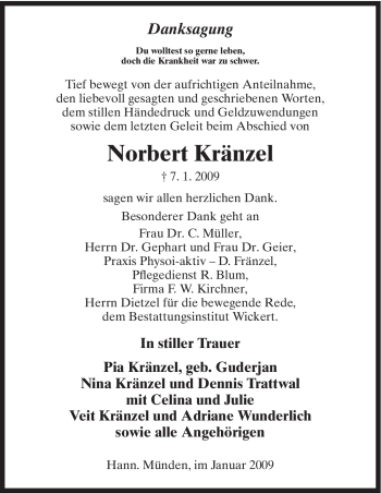 Todesanzeige von Norbert Kraenzel von HNA