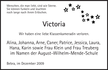 Todesanzeige von Victoria Unbekannt von HNA