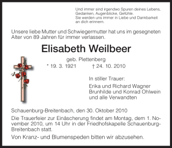 Todesanzeige von Elisabeth Weilbeer von HNA
